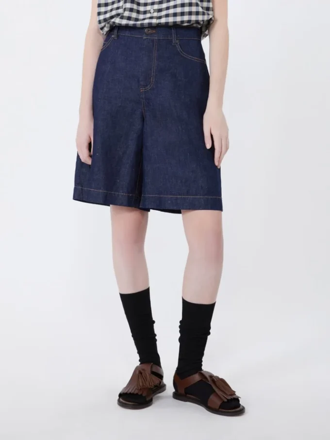 Bermudas de ganga em algodão e linho, azul-marinho