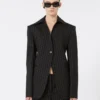 Blazer de gabardine elástica de corte justo, preto Blazer de gabardine elástica de corte justo, preto