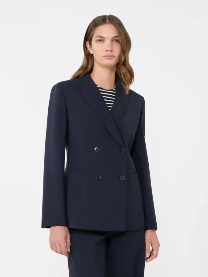 Blazer de lã elástica com botões duplos, azul-marinho Blazer de lã elástica com botões duplos, azul-marinho
