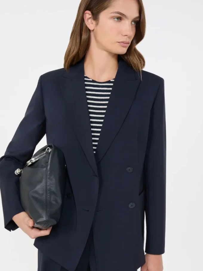 Blazer de lã elástica com botões duplos, azul-marinho Blazer de lã elástica com botões duplos, azul-marinho