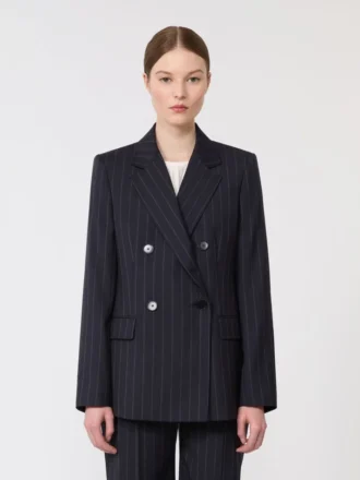 Blazer de lã às riscas, de botões duplos, azul-marinho