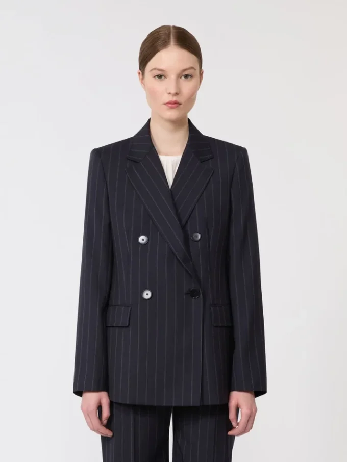 Blazer de lã às riscas, de botões duplos, azul-marinho Blazer de lã às riscas, de botões duplos, azul-marinho