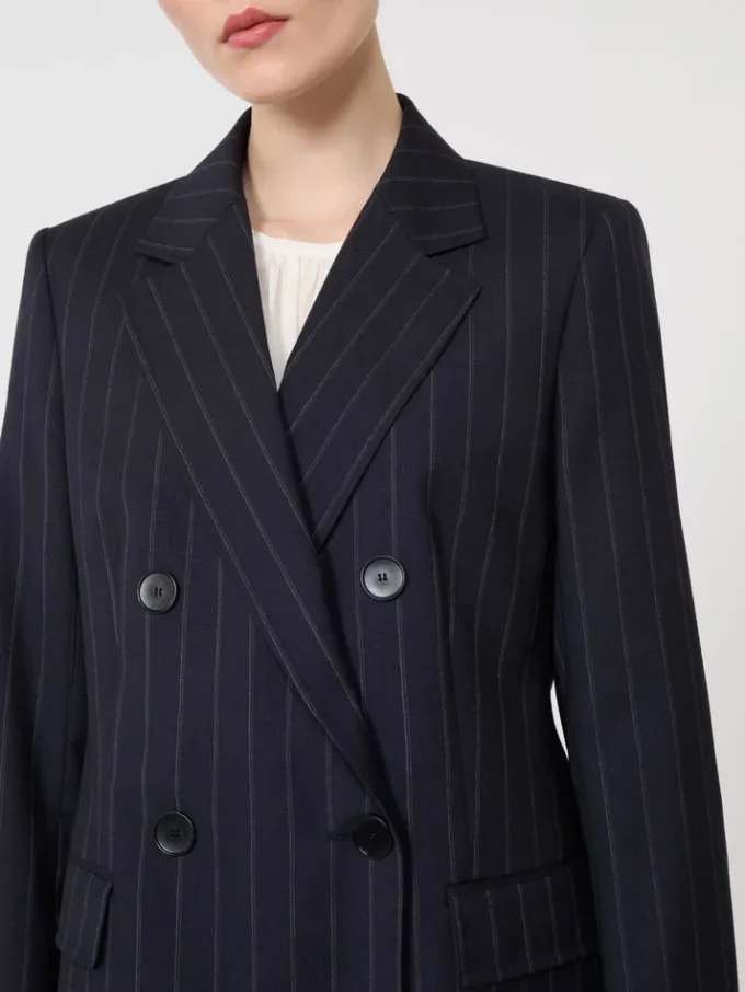Blazer de lã às riscas, de botões duplos, azul-marinho Blazer de lã às riscas, de botões duplos, azul-marinho