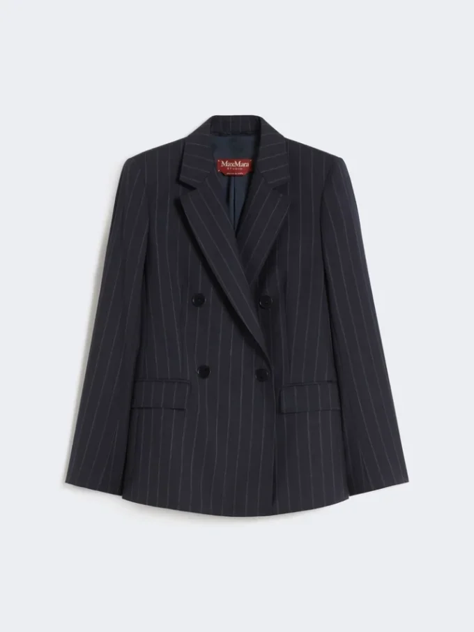 Blazer de lã às riscas, de botões duplos, azul-marinho Blazer de lã às riscas, de botões duplos, azul-marinho