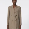 Blazer oversized em tecido de lã com riscas finas, castanho avelã