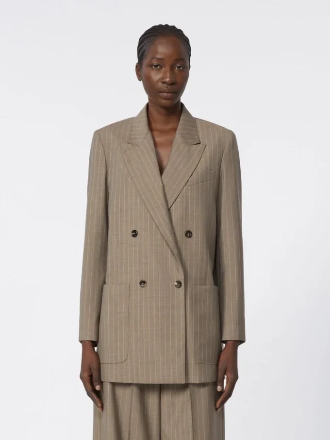 Blazer oversized em tecido de lã com riscas finas, castanho avelã