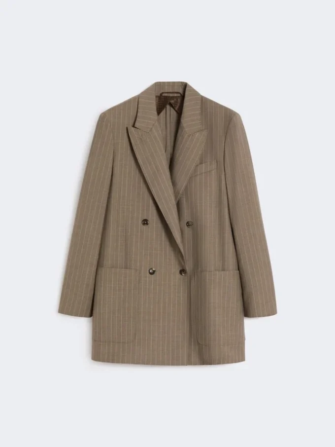 Blazer oversized em tecido de lã com riscas finas, castanho avelã