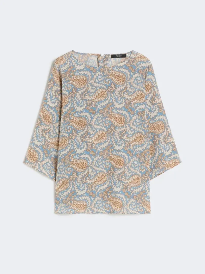 Blusa em crepe de seda estampado, azul claro Blusa em crepe de seda estampado, azul claro