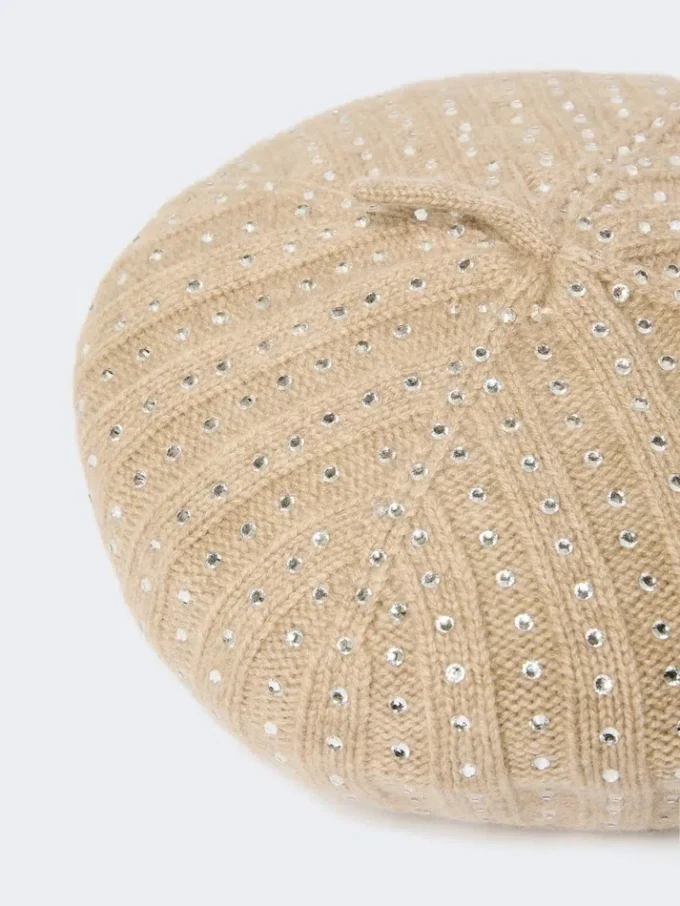 Boina de caxemira adornada com strass, cor areia