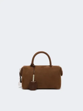 Bolsa tipo bowler pequena em pele nubuck, castanho escuro