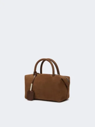 Bolsa tipo bowler pequena em pele nubuck, castanho escuro