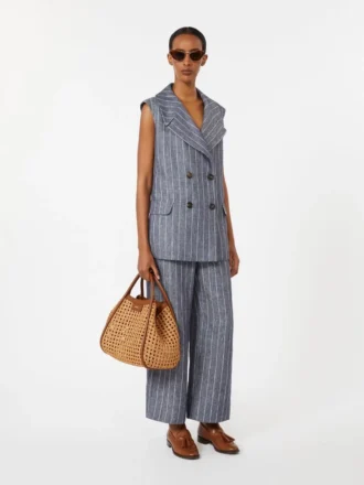 Calças de linho com riscas finas e efeito denim, azul-marinho Calças de linho com riscas finas e efeito denim, azul-marinho