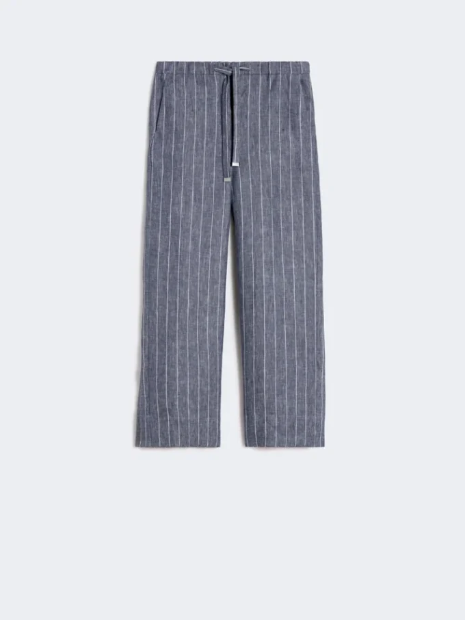 Calças de linho com riscas finas e efeito denim, azul-marinho Calças de linho com riscas finas e efeito denim, azul-marinho