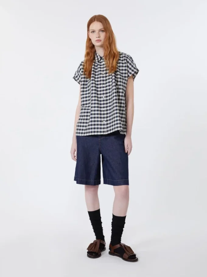 Bermudas de ganga em algodão e linho, azul-marinho