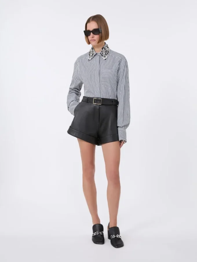 Camisa curta de popeline às riscas, preta Camisa curta de popeline às riscas, preta