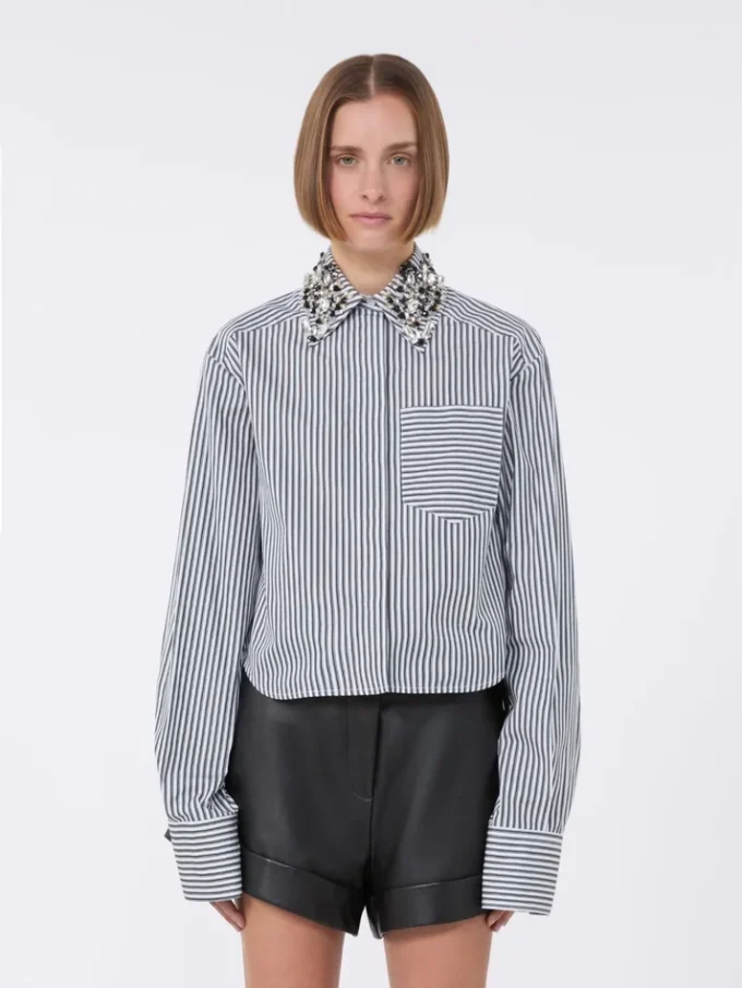 Camisa curta de popeline às riscas, preta Camisa curta de popeline às riscas, preta