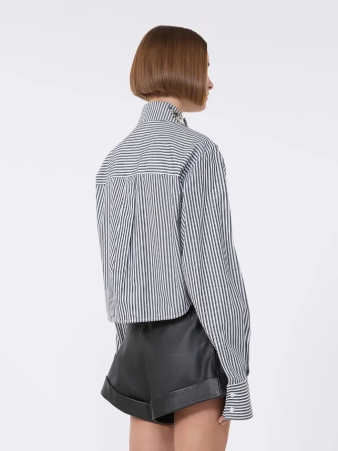 Camisa curta de popeline às riscas, preta Camisa curta de popeline às riscas, preta