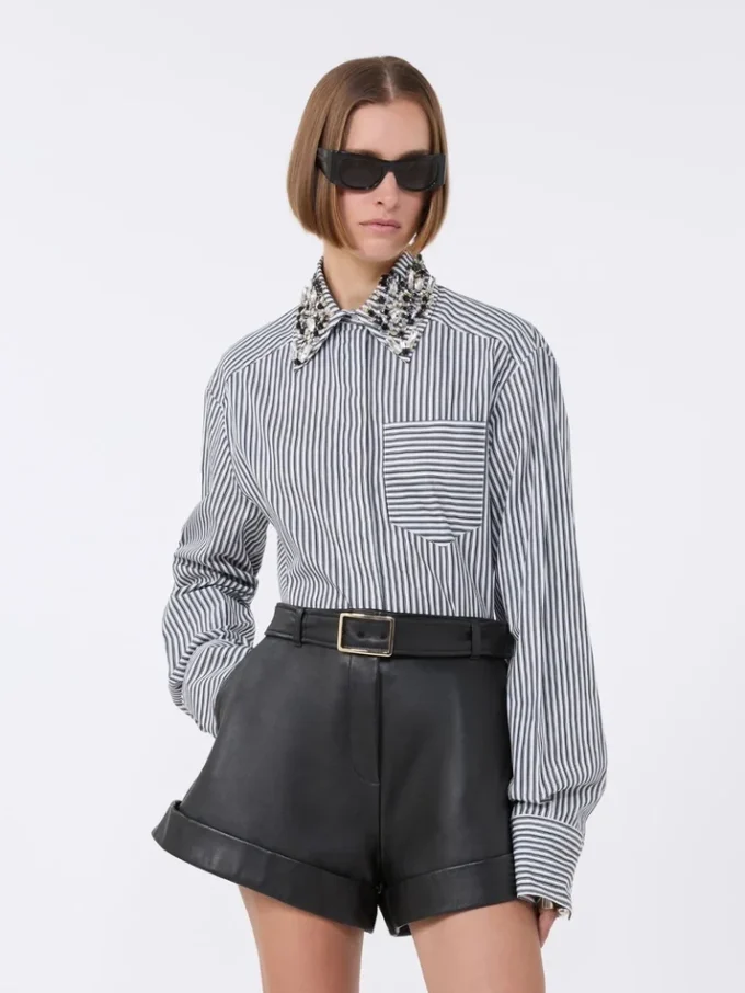 Camisa curta de popeline às riscas, preta Camisa curta de popeline às riscas, preta