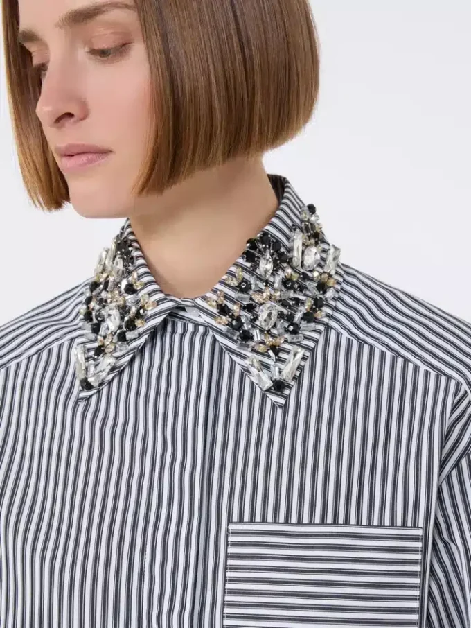 Camisa curta de popeline às riscas, preta Camisa curta de popeline às riscas, preta