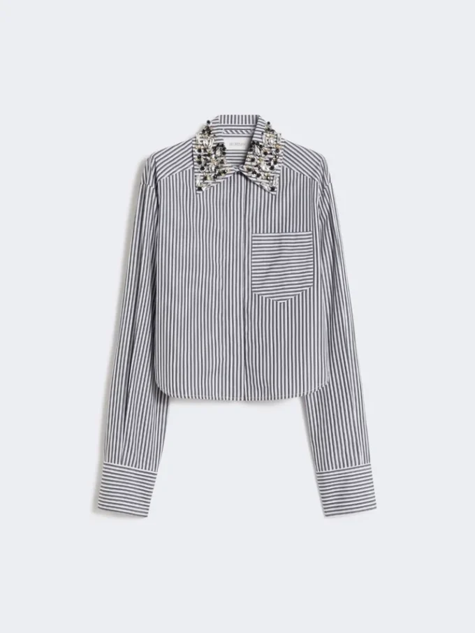 Camisa curta de popeline às riscas, preta Camisa curta de popeline às riscas, preta