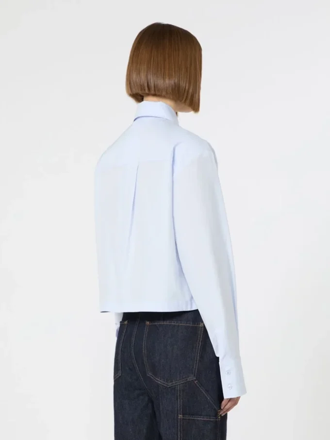 Camisa curta em popeline com pregas assimétricas, azul-celeste