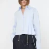Camisa curta em popeline com pregas assimétricas, azul-celeste