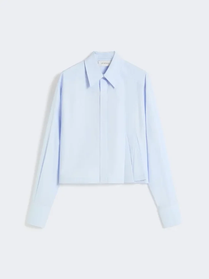Camisa curta em popeline com pregas assimétricas, azul-celeste
