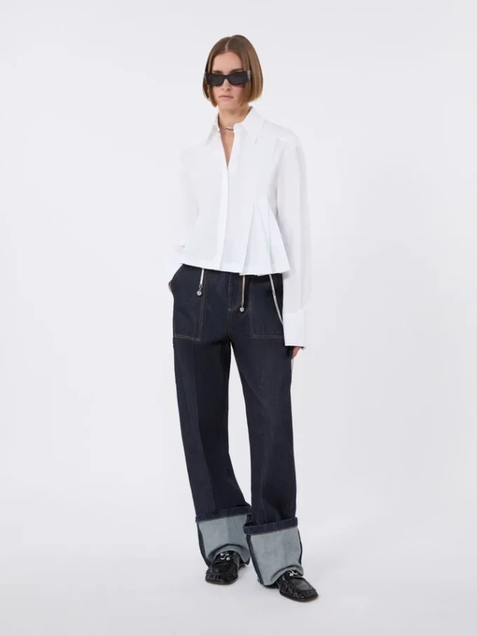Camisa curta em popeline com pregas assimétricas, branco óptico