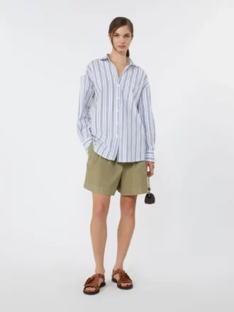 Camisa de algodão às riscas com renda de ilhós, azul-marinho
