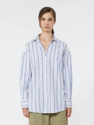 Camisa de algodão às riscas com renda de ilhós, azul-marinho