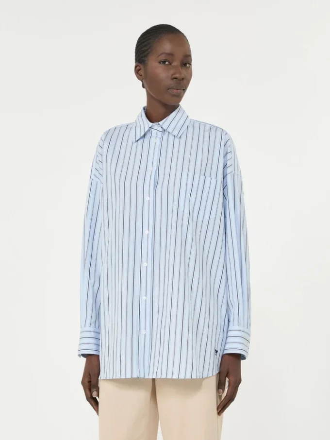 Camisa de algodão às riscas oversized, azul claro