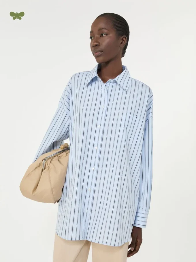 Camisa de algodão às riscas oversized, azul claro