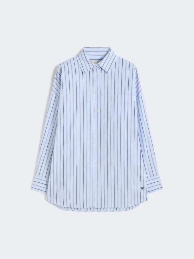Camisa de algodão às riscas oversized, azul claro