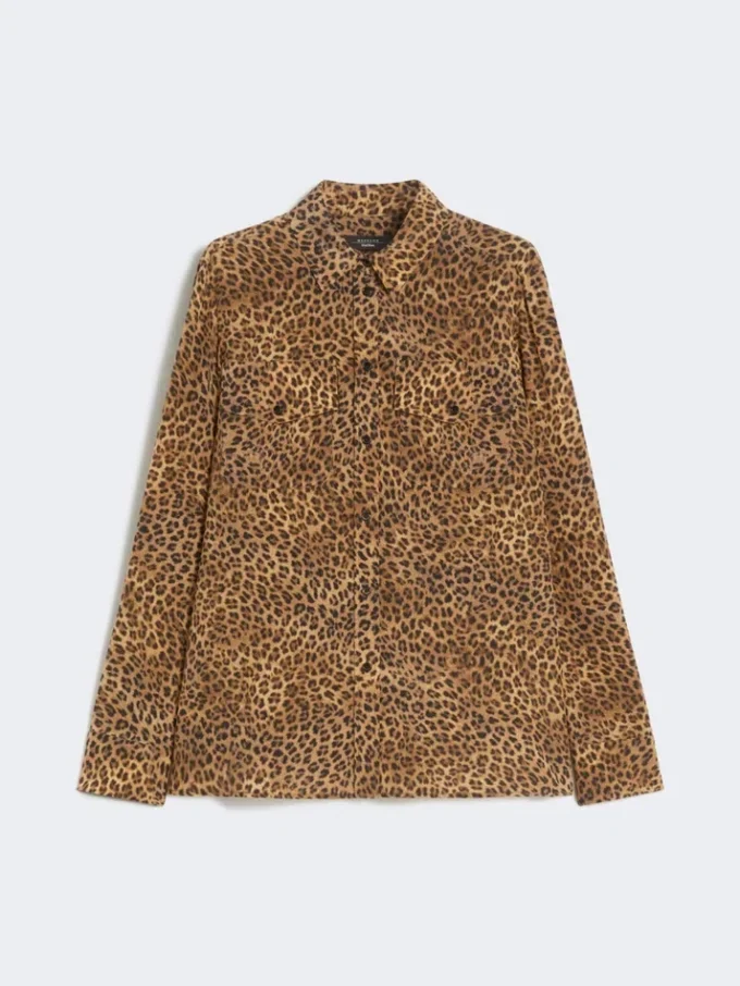 Camisa de bolso em seda estampada, cor camelo Camisa de bolso em seda estampada, cor camelo