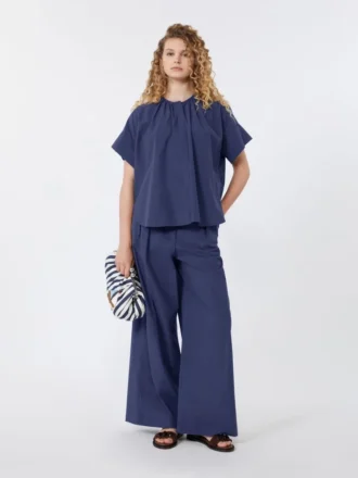 Camisa de gola redonda em popeline de algodão, azul-marinho