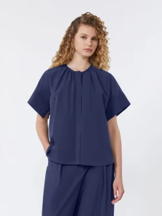 Camisa de gola redonda em popeline de algodão, azul-marinho