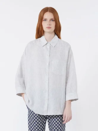 Camisa de linho às riscas, azul-marinho