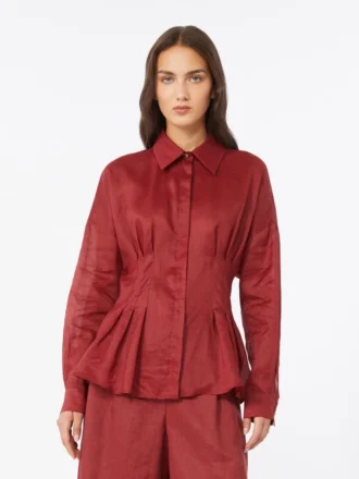Camisa de manga comprida em lona de rami, vermelho tijolo