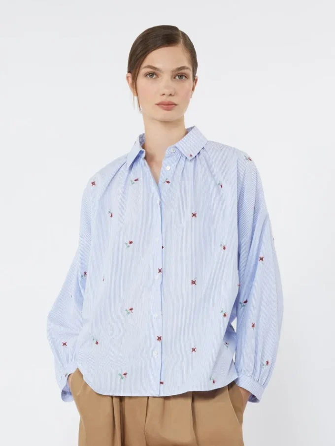 Camisa de popeline com bordados, azul claro