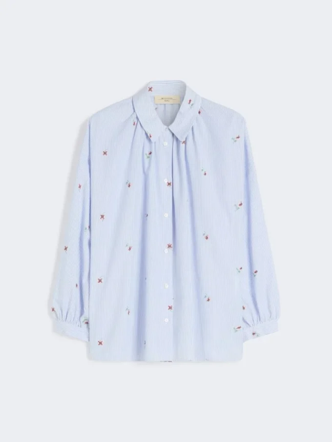 Camisa de popeline com bordados, azul claro