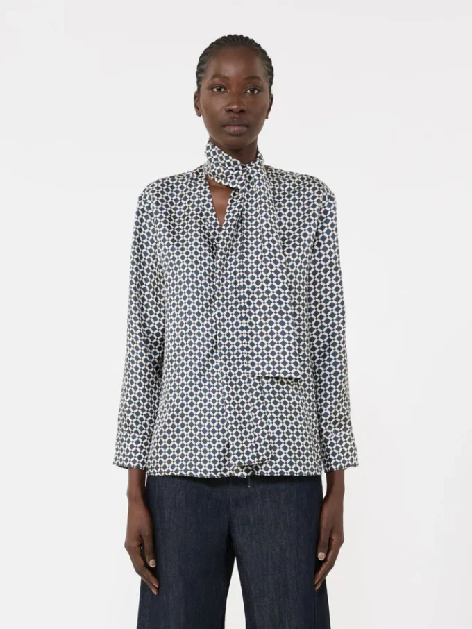 Camisa de seda estampada, azul-escuro Camisa de seda estampada, azul-escuro