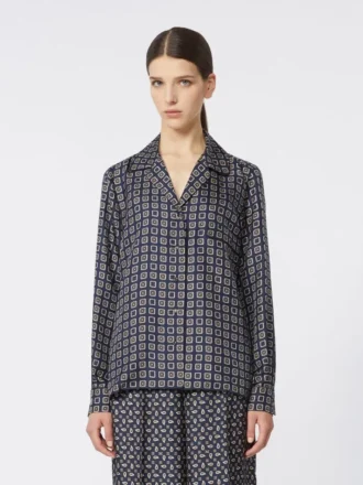 Camisa de seda estampada de corte semi-ajustado, azul ultramar