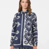 Camisa em patchwork de seda estampada, azul-marinho