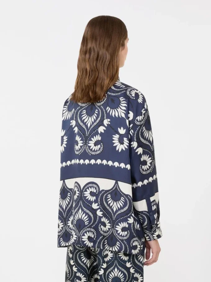 Camisa em patchwork de seda estampada, azul-marinho