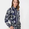 Camisa em patchwork de seda estampada, azul-marinho
