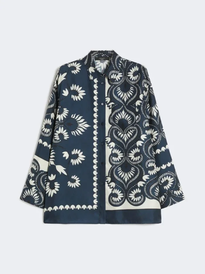 Camisa em patchwork de seda estampada, azul-marinho
