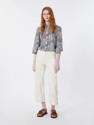 Camisa em voile de algodão estampado, azul-marinho