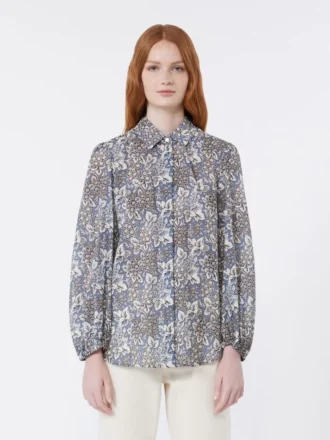 Camisa em voile de algodão estampado, azul-marinho