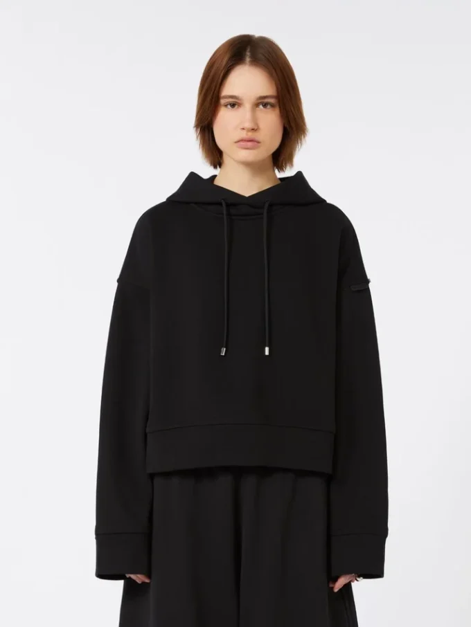 Camisola com capuz em algodão elástico, preta Camisola com capuz em algodão elástico, preta