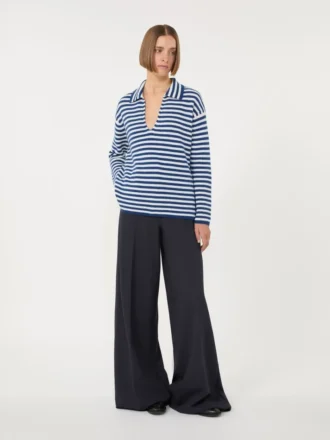 Camisola de caxemira com canelado, branco e azul